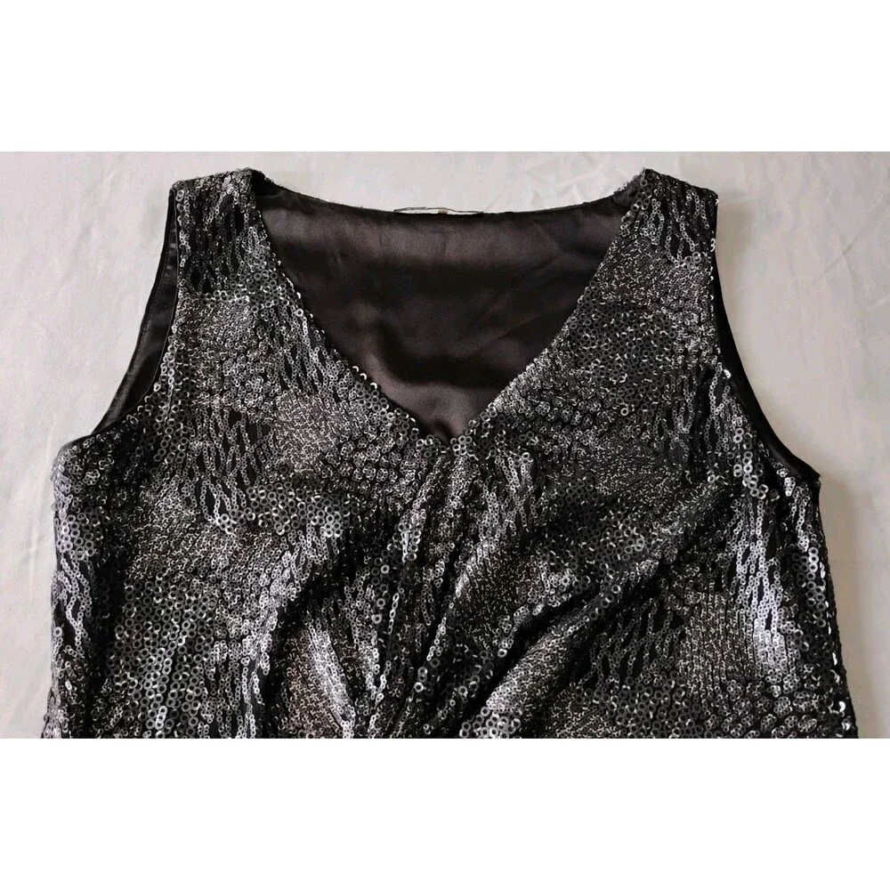 Elie Tahari Textured Sequin Blouse Bow V Neck Sleeveless Blend Party Cocktail S - Picture 2 of 12